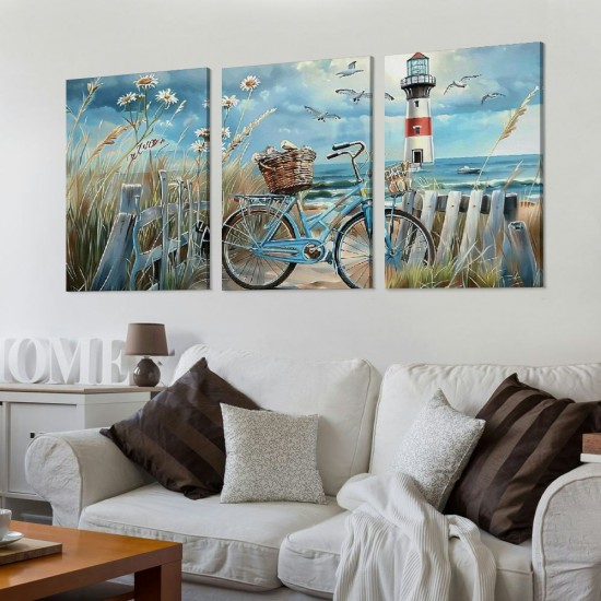 Shangniulu Beach Canvas Wall Art Vintage Bicycle Decor Blue Ocean Pictures Bathroom Framed Canvas Print Modern Coastal Wall Decor Painting for Home office