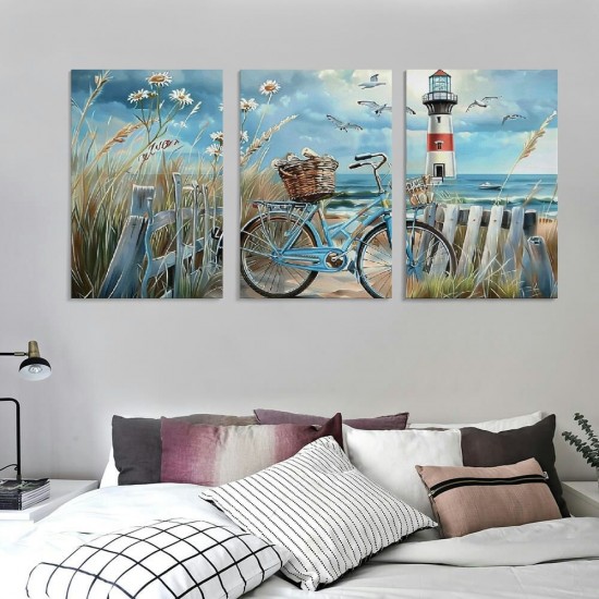 Shangniulu Beach Canvas Wall Art Vintage Bicycle Decor Blue Ocean Pictures Bathroom Framed Canvas Print Modern Coastal Wall Decor Painting for Home office