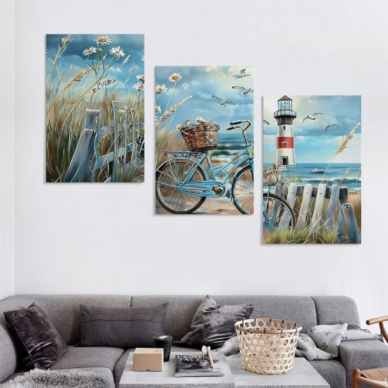 Shangniulu Beach Canvas Wall Art Vintage Bicycle Decor Blue Ocean Pictures Bathroom Framed Canvas Print Modern Coastal Wall Decor Painting for Home office