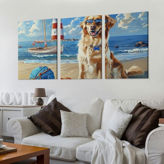 Shangniulu Beach Dog Canvas Wall Art Funny Art Print Blue Ocean Decor Animal Pictures Wall Decor Painting Modern Home Framed Artwork For Bathroom Bedroom Living Room