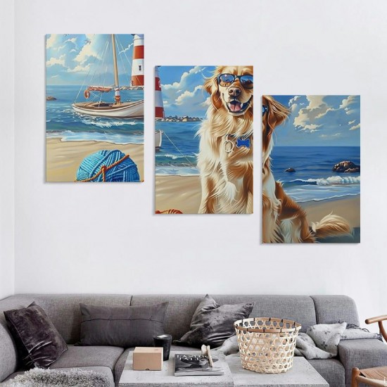 Shangniulu Beach Dog Canvas Wall Art Funny Art Print Blue Ocean Decor Animal Pictures Wall Decor Painting Modern Home Framed Artwork For Bathroom Bedroom Living Room