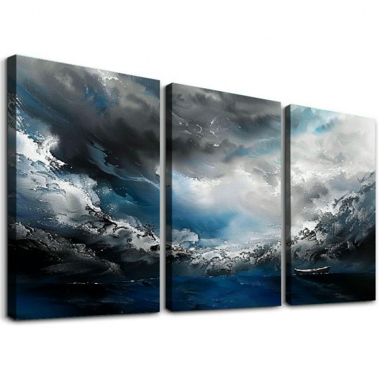 Shangniulu Abstract Canvas Wall Art Modern Graffiti Art Paintings Blue and Grey Paint a Storm Scene on White Background Framed Artwork Pictures for Living Room Bedroom Wall Decor