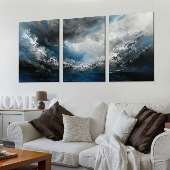 Shangniulu Abstract Canvas Wall Art Modern Graffiti Art Paintings Blue and Grey Paint a Storm Scene on White Background Framed Artwork Pictures for Living Room Bedroom Wall Decor