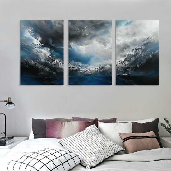 Shangniulu Abstract Canvas Wall Art Modern Graffiti Art Paintings Blue and Grey Paint a Storm Scene on White Background Framed Artwork Pictures for Living Room Bedroom Wall Decor