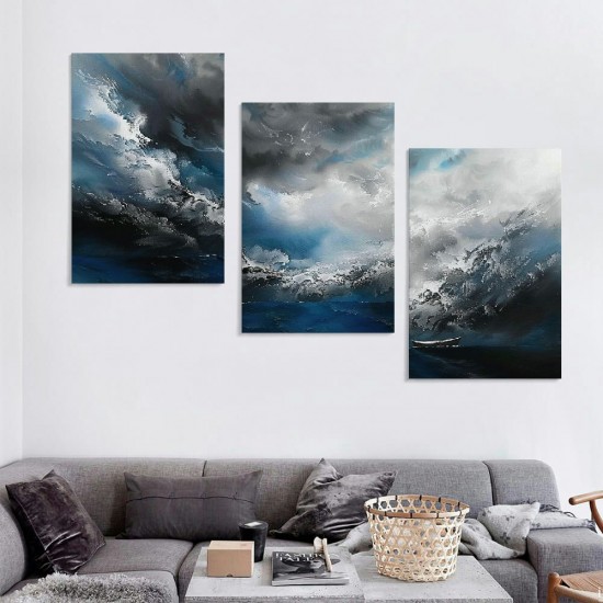 Shangniulu Abstract Canvas Wall Art Modern Graffiti Art Paintings Blue and Grey Paint a Storm Scene on White Background Framed Artwork Pictures for Living Room Bedroom Wall Decor