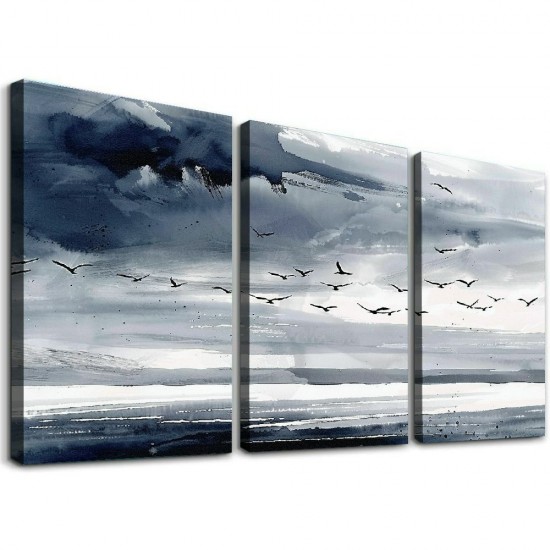 Shangniulu Abstract Canvas Wall Art Modern Art Paintings Seagulls Flying on Deep Blue Ocean Grey Sky Storm Eve Framed Artwork Pictures for Living Room Bedroom Wall Decor