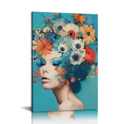 Shangniulu Abstract Girl Portrait Wall Art Woman with Flowers on Head Picture Canvas Print for Girl Bedroom Living Room Painting