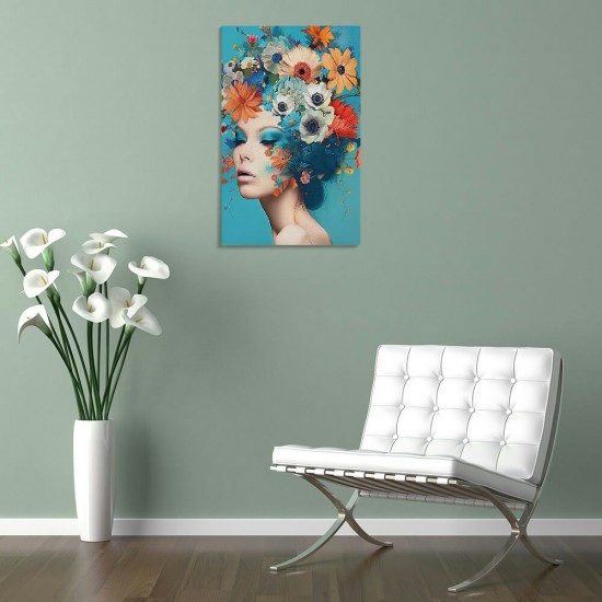 Shangniulu Abstract Girl Portrait Wall Art Woman with Flowers on Head Picture Canvas Print for Girl Bedroom Living Room Painting