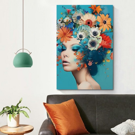 Shangniulu Abstract Girl Portrait Wall Art Woman with Flowers on Head Picture Canvas Print for Girl Bedroom Living Room Painting