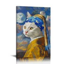 Shangniulu Funny Bathroom Wall Art Abstract Cat Portrait with A Pearl Earring Canvas Print Picture Famous Painting Wall Decor Artwork