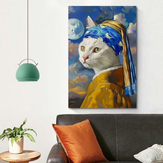 Shangniulu Funny Bathroom Wall Art Abstract Cat Portrait with A Pearl Earring Canvas Print Picture Famous Painting Wall Decor Artwork