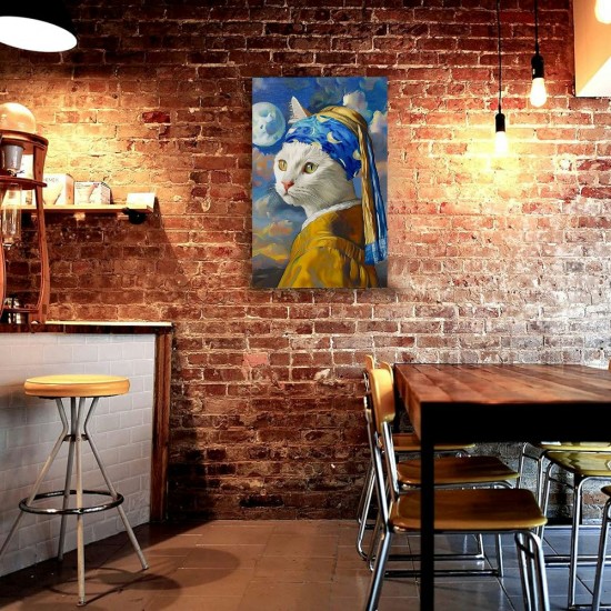 Shangniulu Funny Bathroom Wall Art Abstract Cat Portrait with A Pearl Earring Canvas Print Picture Famous Painting Wall Decor Artwork