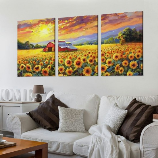 Shangniulu Sunflower Flower Wall Art Farmhouse Rustic Floral with Sunset Picture Country Style Canvas Print Wall Decor for Living Room Bedroom Office