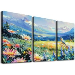 Shangniulu Flowers Wall Art Colorful Mountain Landscape Home Decor Painting Hummingbird Wildflowers Meadow Pictures Wall Decor Modern Framed Canvas Artwork for Living Room Bedroom Office