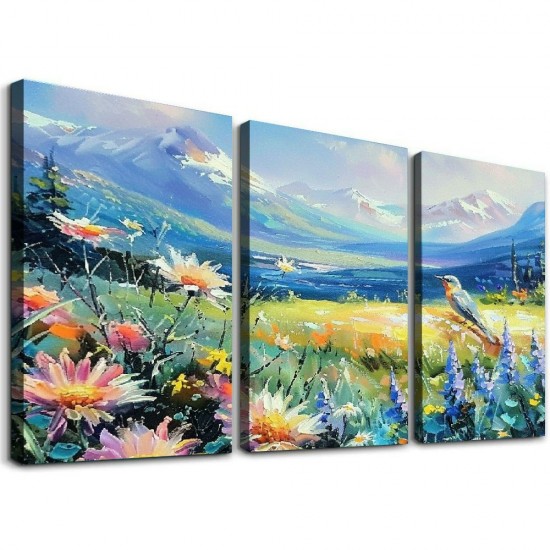 Shangniulu Flowers Wall Art Colorful Mountain Landscape Home Decor Painting Hummingbird Wildflowers Meadow Pictures Wall Decor Modern Framed Canvas Artwork for Living Room Bedroom Office