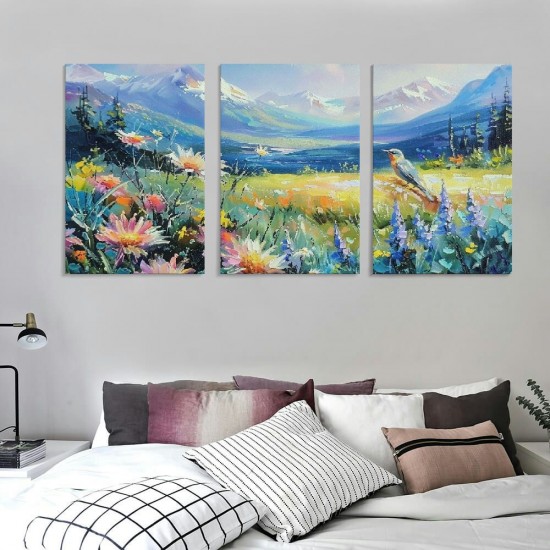 Shangniulu Flowers Wall Art Colorful Mountain Landscape Home Decor Painting Hummingbird Wildflowers Meadow Pictures Wall Decor Modern Framed Canvas Artwork for Living Room Bedroom Office