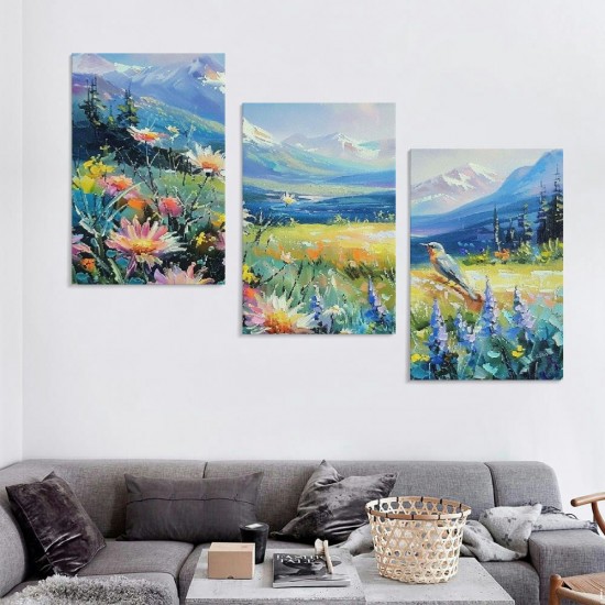 Shangniulu Flowers Wall Art Colorful Mountain Landscape Home Decor Painting Hummingbird Wildflowers Meadow Pictures Wall Decor Modern Framed Canvas Artwork for Living Room Bedroom Office