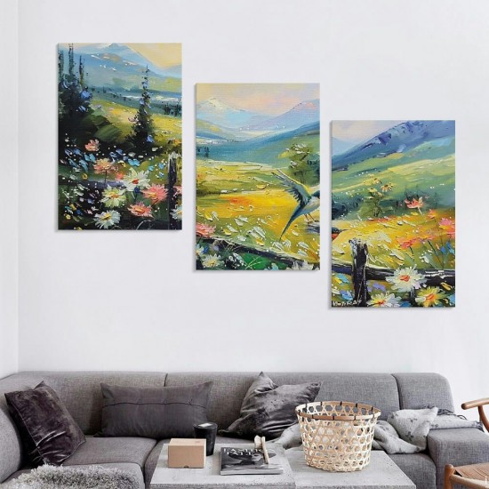 Shangniulu Flowers Wall Art Colorful Mountain Landscape Home Decor Painting Hummingbird Wildflowers Meadow Pictures Wall Decor Modern Framed Canvas Artwork for Living Room Bedroom Office