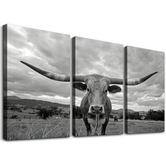 Shangniulu Black and White Animal Canvas Wall Art Highland Cattle with Long Horns Picture in Sunset Farm Painting for Home Decor Modern Living Room Decorations