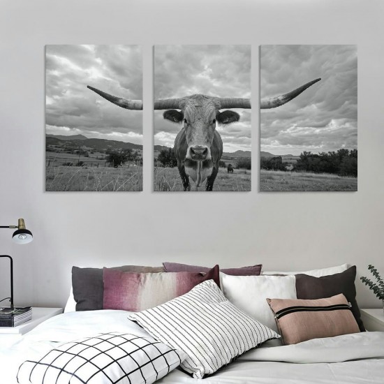 Shangniulu Black and White Animal Canvas Wall Art Highland Cattle with Long Horns Picture in Sunset Farm Painting for Home Decor Modern Living Room Decorations