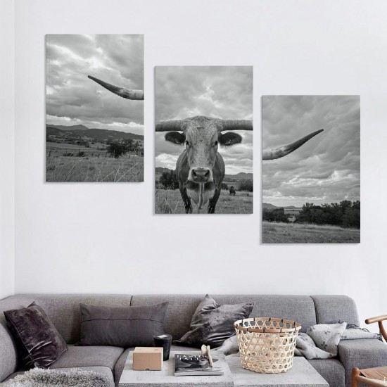 Shangniulu Black and White Animal Canvas Wall Art Highland Cattle with Long Horns Picture in Sunset Farm Painting for Home Decor Modern Living Room Decorations