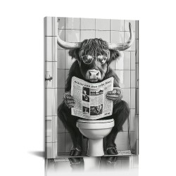 Shangniulu Wall Art Bathroom Decor Black And White Wall Art Canvas Wall Art Animals Reading Newspaper Picture Rustic Farmhouse Decor Bathroom Wall Decor