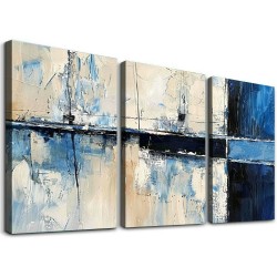 Shangniulu Abstract Canvas Wall Art Modern Geometric Art Paintings Blue Blocks and Lines Painted on Cream Background Elegantly Framed Artwork Pictures for Living Room Bedroom Wall Decor