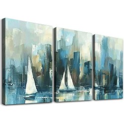 Shangniulu Canvas Wall Art Abstract New York Cityscape Art Paitings Fantastic Colorful Manhattan Coast Building Scenery Picture Prints Modern Artwork Decor for Living Room Bedroom Kitchen