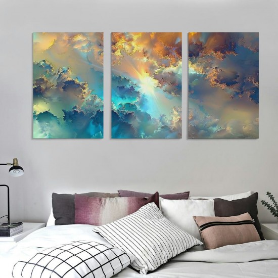 Shangniulu Golden Canvas Wall Art Blue Modern Abstract Painting Prints Smoke Billowing on White Background Framed Energetic Artwork Pictures for Living Room Bedroom Hallway Wall Decoration