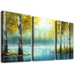 Shangniulu Large Living Room Wall Decor Abstract Canvas Wall Art Yellow Trees White Birch Green Lake Landscape Painting Picture Print Framed Artwork Modern Home Bedroom Wall Decoration