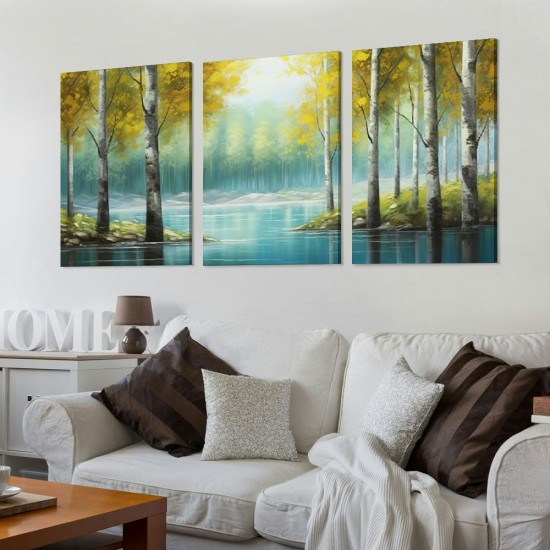 Shangniulu Large Living Room Wall Decor Abstract Canvas Wall Art Yellow Trees White Birch Green Lake Landscape Painting Picture Print Framed Artwork Modern Home Bedroom Wall Decoration