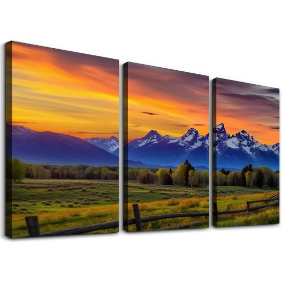 Shangniulu  Colorful Sunset Picture Wall Art Grand Teton Mountain Landscape Painting Canvas Prints Wyoming Nature Artwork Framed Home Living Room Kitchen Decoration