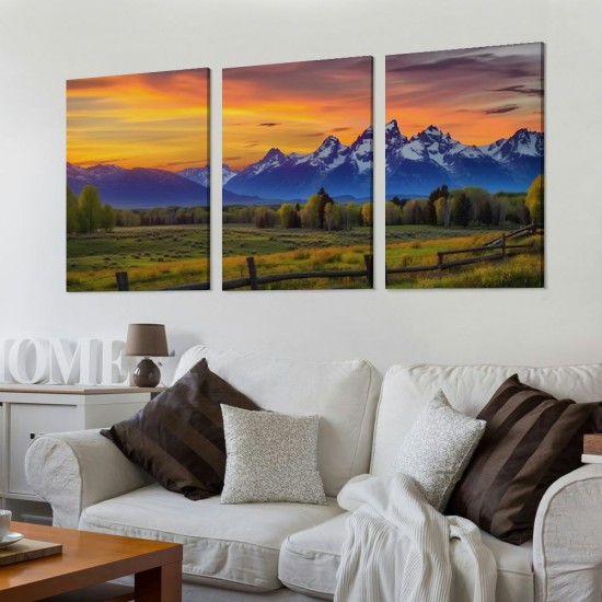 Shangniulu  Colorful Sunset Picture Wall Art Grand Teton Mountain Landscape Painting Canvas Prints Wyoming Nature Artwork Framed Home Living Room Kitchen Decoration