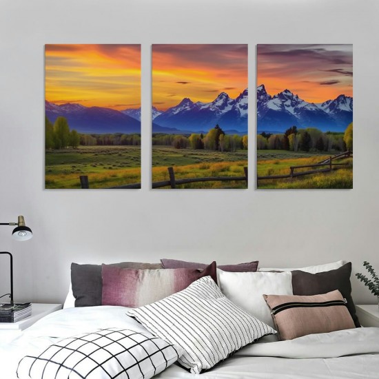 Shangniulu  Colorful Sunset Picture Wall Art Grand Teton Mountain Landscape Painting Canvas Prints Wyoming Nature Artwork Framed Home Living Room Kitchen Decoration