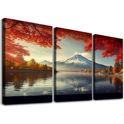 Shangniulu  Framed Canvas Prints Mount Fuji Wall Art Japanese Mountain over Lake in Sunrise Modern Nature Landscape Pictures Red Maple Leaves Canvas Print Nature Scenery Wall Decor for Home Framed