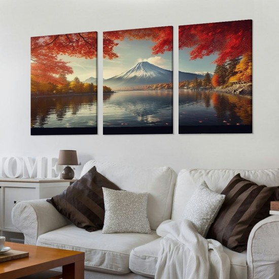 Shangniulu  Framed Canvas Prints Mount Fuji Wall Art Japanese Mountain over Lake in Sunrise Modern Nature Landscape Pictures Red Maple Leaves Canvas Print Nature Scenery Wall Decor for Home Framed