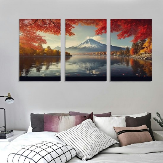 Shangniulu  Framed Canvas Prints Mount Fuji Wall Art Japanese Mountain over Lake in Sunrise Modern Nature Landscape Pictures Red Maple Leaves Canvas Print Nature Scenery Wall Decor for Home Framed