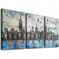 Shangniulu Cityscape Wall Art Buildings Picture Modern Abstract Grey NYC Skyline Birds Painting Framed Artwork for Bedroom Living Room Bathroom Home Office Decor