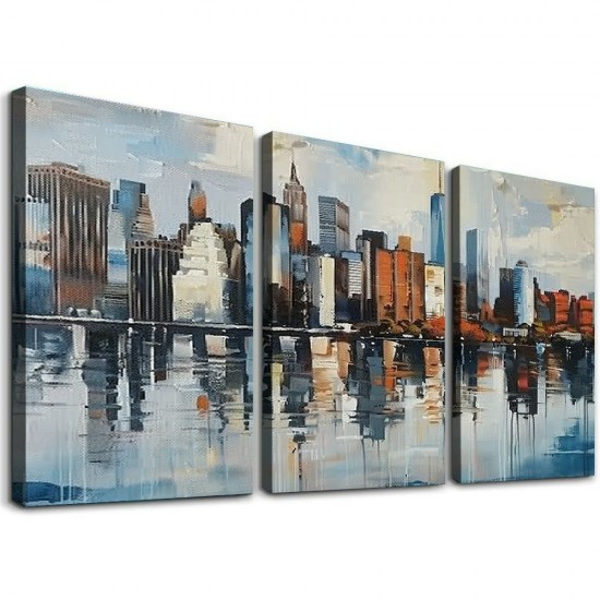 Shangniulu Wall Art Modern New York Abstract Canvas Cityscape Painting Colorful NYC Skyline Textured Picture for Living Room Bedroom Home Office Wall Decor