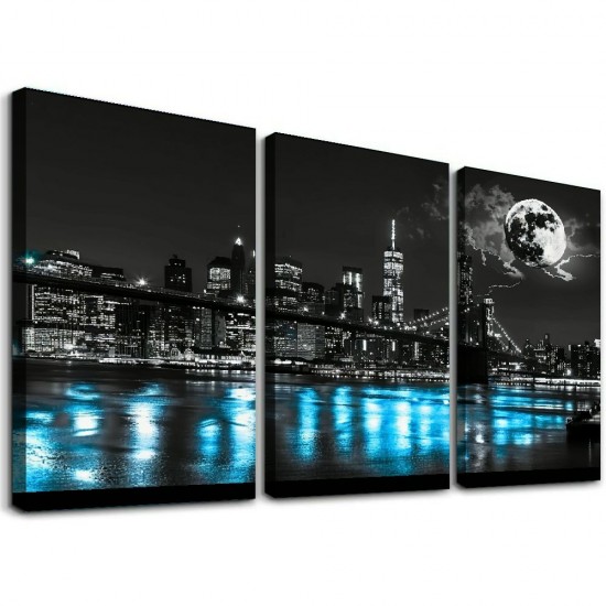 Shangniulu Wall Art Canvas Painting New York Brooklyn Bridge Cityscape Night Building Picture Poster Print Framed for Living Room Bedroom Kitchen Office Home Decor