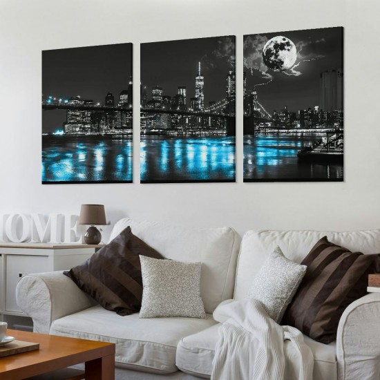 Shangniulu Wall Art Canvas Painting New York Brooklyn Bridge Cityscape Night Building Picture Poster Print Framed for Living Room Bedroom Kitchen Office Home Decor