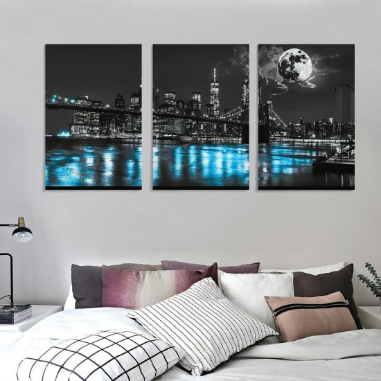 Shangniulu Wall Art Canvas Painting New York Brooklyn Bridge Cityscape Night Building Picture Poster Print Framed for Living Room Bedroom Kitchen Office Home Decor