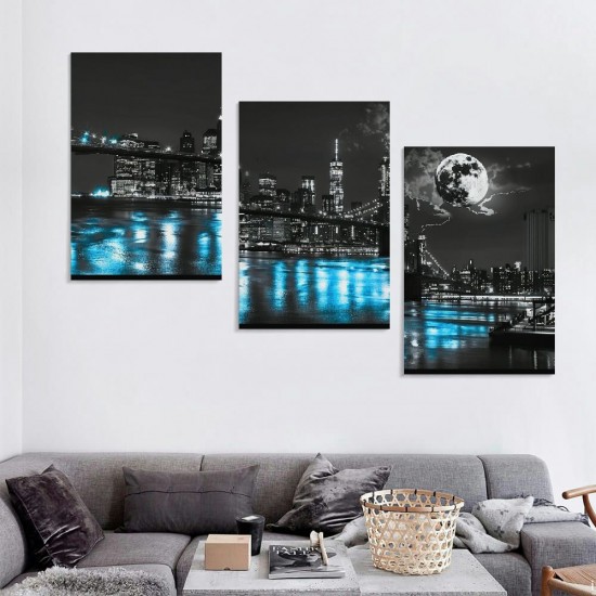 Shangniulu Wall Art Canvas Painting New York Brooklyn Bridge Cityscape Night Building Picture Poster Print Framed for Living Room Bedroom Kitchen Office Home Decor