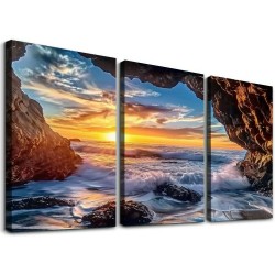 Shangniulu Wall Art Decor Canvas Print Picture Sunset Over The Rocks in Sea Ocean Waves Painting Artwork for Office Bedroom Home Decoration Stretched and Framed Ready to Hang