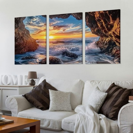 Shangniulu Wall Art Decor Canvas Print Picture Sunset Over The Rocks in Sea Ocean Waves Painting Artwork for Office Bedroom Home Decoration Stretched and Framed Ready to Hang