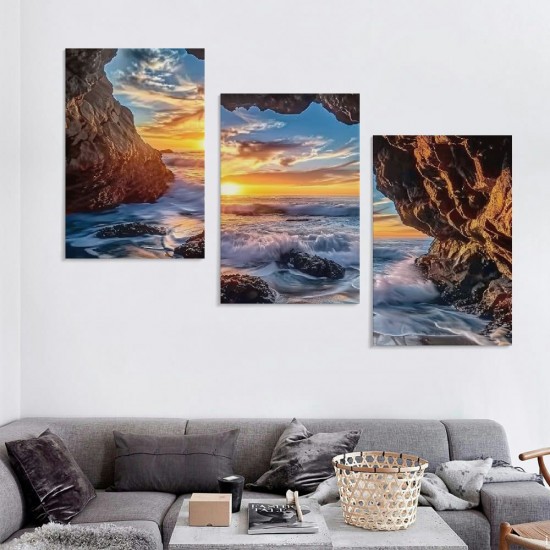 Shangniulu Wall Art Decor Canvas Print Picture Sunset Over The Rocks in Sea Ocean Waves Painting Artwork for Office Bedroom Home Decoration Stretched and Framed Ready to Hang