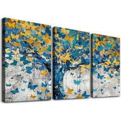 Shangniulu Canvas Wall Art Blue Tree Golden Butterflies Picture Abstract Grey Graffiti Canvas Prints Ready to Hang for Living Room Bedroom