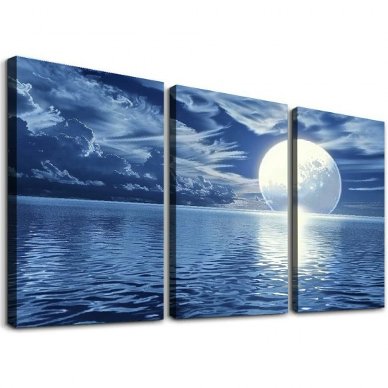 Shangniulu Ocean Wall Decor Landscape Picture Canvas Wall Art Print Blue Sea Moon - Artwork for Living Room Bathroom Wall Decor and Office Home Decor Framed Art Ready to Hang