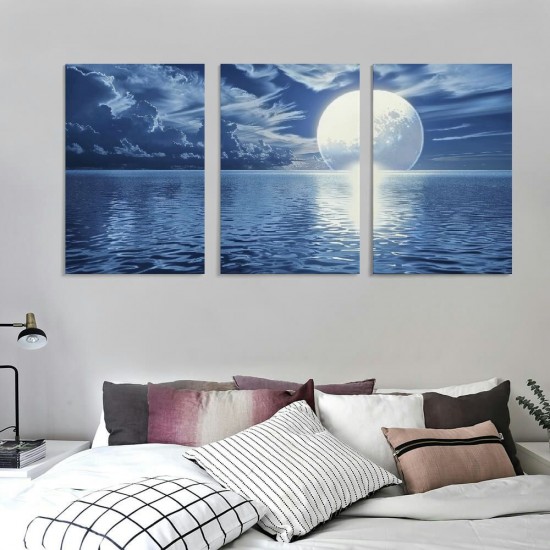 Shangniulu Ocean Wall Decor Landscape Picture Canvas Wall Art Print Blue Sea Moon - Artwork for Living Room Bathroom Wall Decor and Office Home Decor Framed Art Ready to Hang