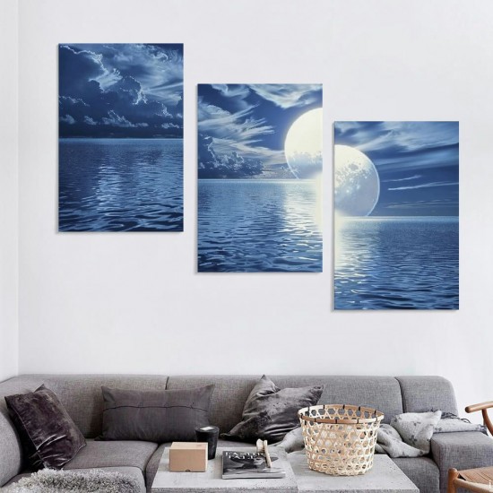 Shangniulu Ocean Wall Decor Landscape Picture Canvas Wall Art Print Blue Sea Moon - Artwork for Living Room Bathroom Wall Decor and Office Home Decor Framed Art Ready to Hang